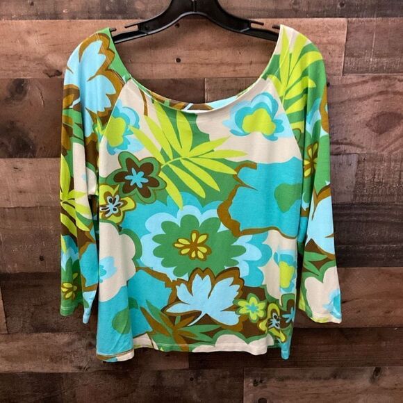 Judy Lee Cole Top Scoop Neck Tropical Aqua Green Yellow White Floral Print XL - Picture 9 of 9